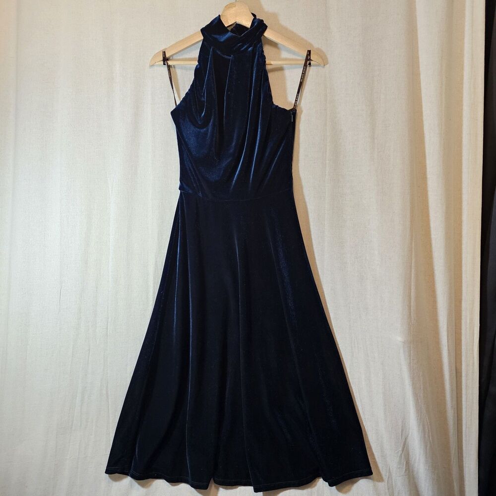 Black Halo Audrey Velvet Dress Bicoastal Green Tie Neck Midi Dress Womens Size 0